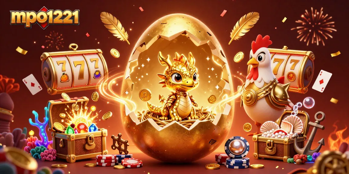 MPO1221 menghadirkan ilustrasi kasino dengan naga emas, chip poker, dan simbol slot.
