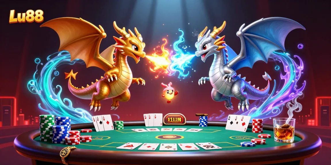 Engage in thrilling gameplay at Lu88 with a dynamic 3D depiction of charismatic dragon characters playing poker.
