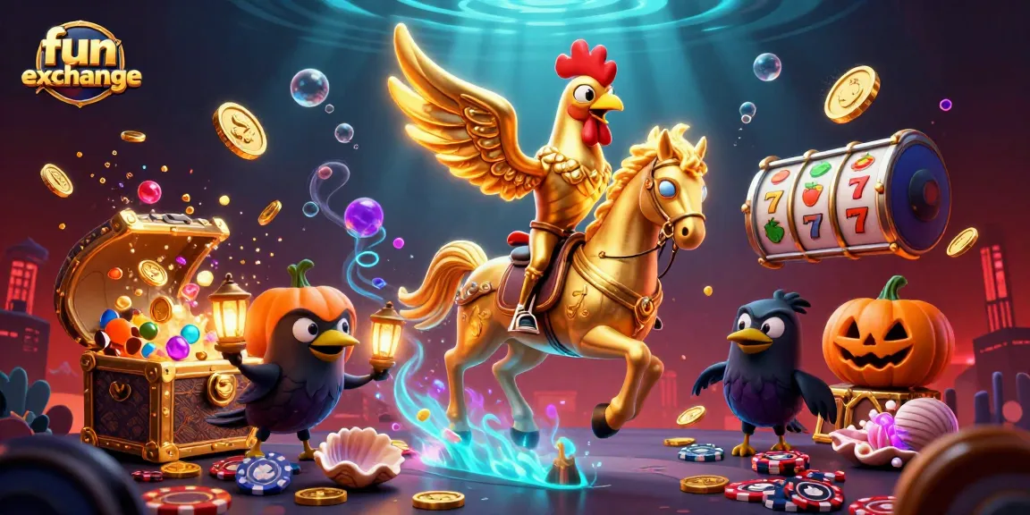 Engage with fun exchange at the lively casino scene featuring golden rooster and spectral horse.