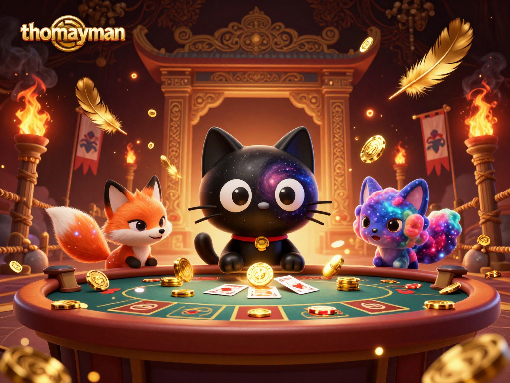 Engage in thrilling gaming at thomayman with a cosmic cat and a nebula fox at a vibrant casino table.