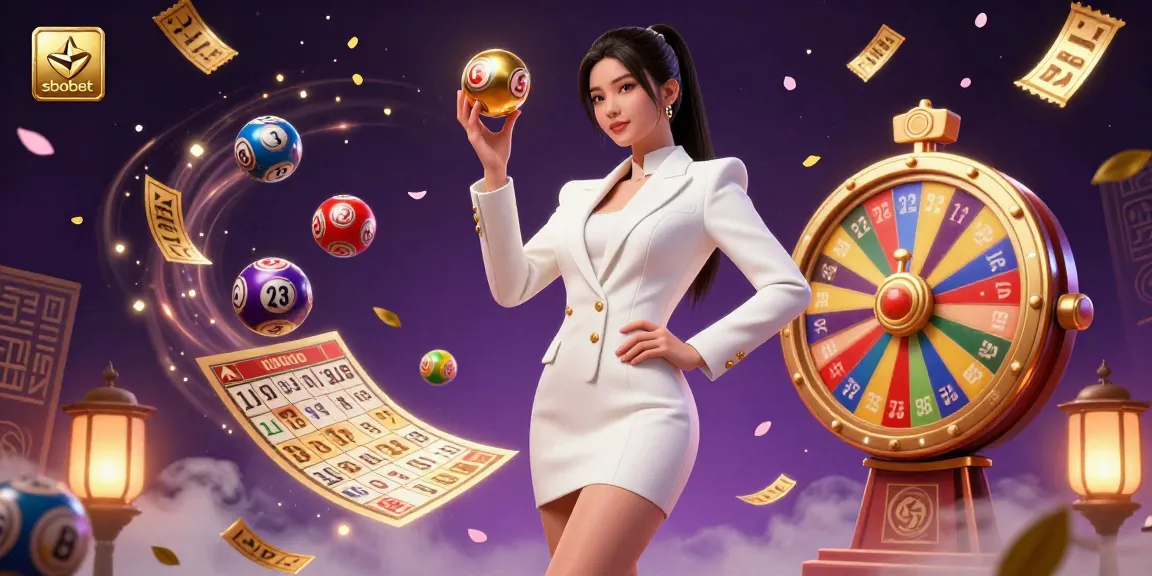 Sbobet presents a vibrant casino scene with dynamic lottery elements and a confident Asian woman holding a roulette ball.