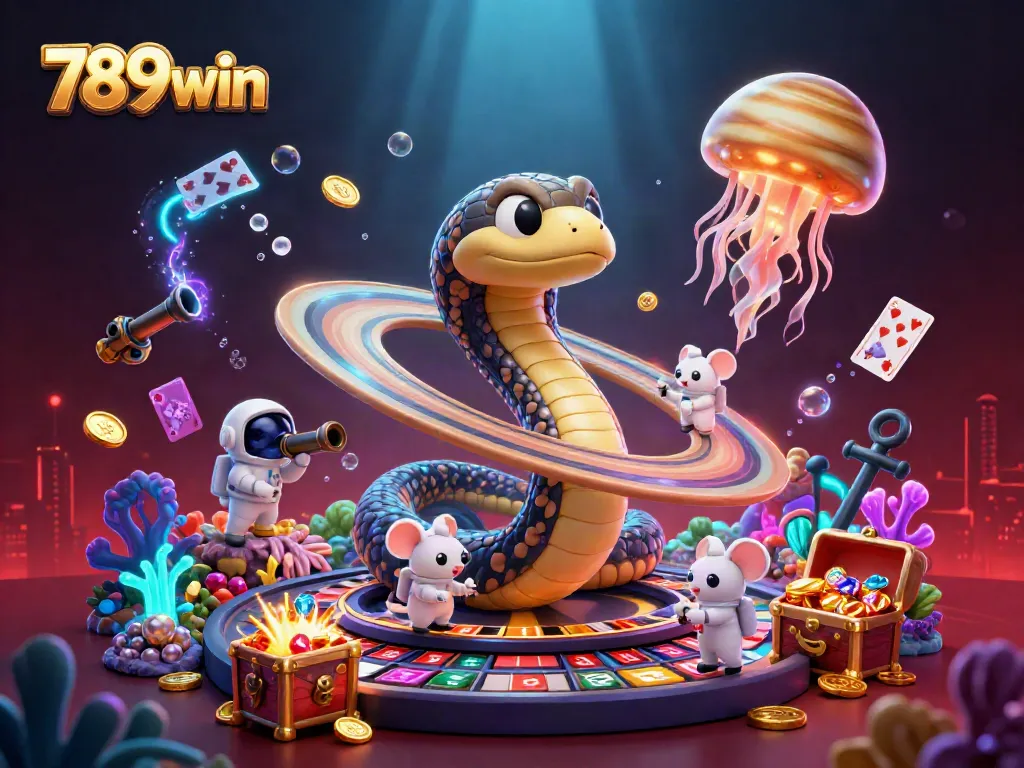 Experience thrilling bets at 789win with astronaut mice and a cosmic dealer in this vibrant casino scene.