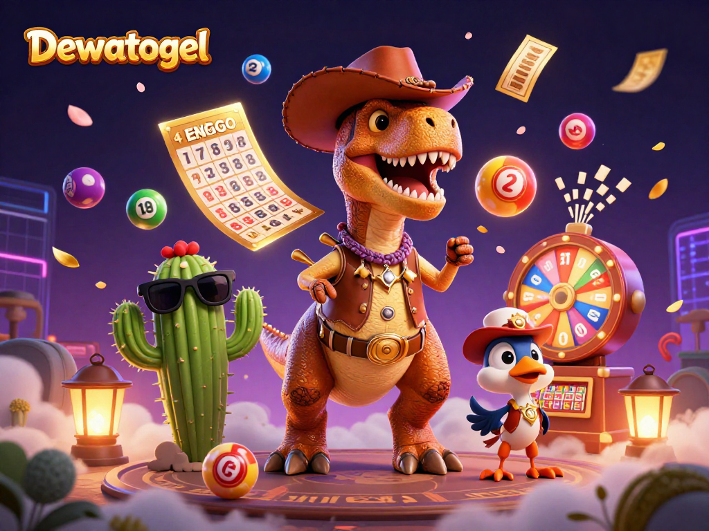 Dewatogel menghadirkan ilustrasi 3D kartun penuh warna dengan karakter dino cowboy, kaktus dan burung roadrunner dikelilingi bola lotere.