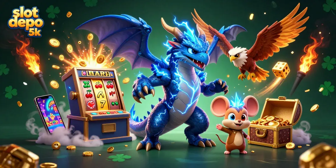 Experience massive wins with slot depo 5k, featuring vibrant dragons, dynamic slot machines, and colorful casino graphics.
