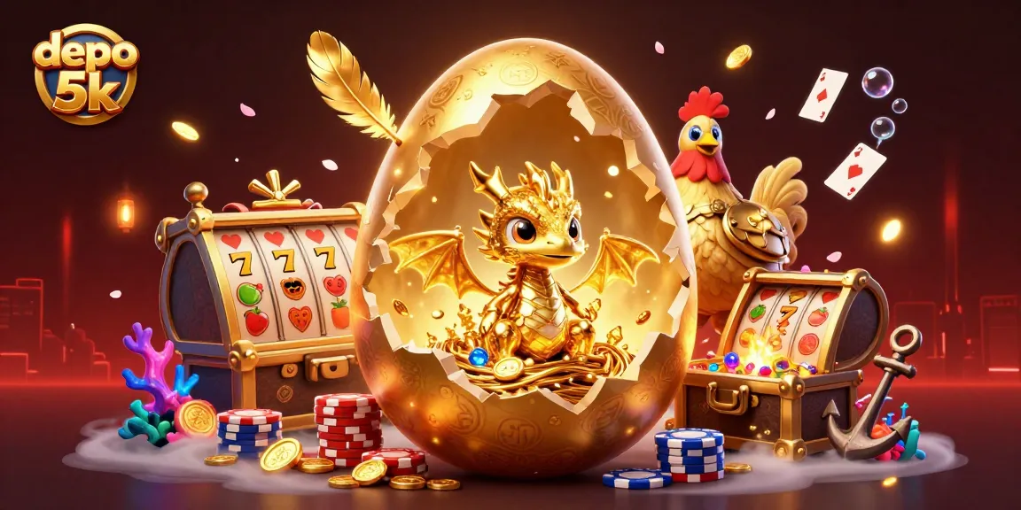 Mainan slot deposito 5k dengan naga emas bersinar di atas tumpukan chip poker dan elemen kasino lainnya.