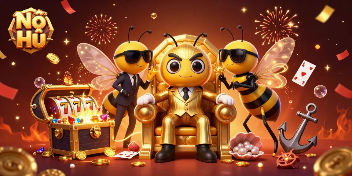 Nổ Hũ gameplay illustration showcasing a bumblebee mob boss, slot reels, and vibrant treasure.