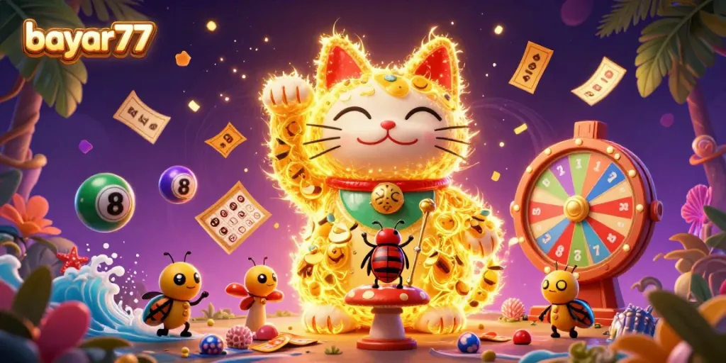 Engage with bayar77 and the thrilling world of casino fun in an imaginative 3D scene featuring vibrant lucky symbols and dynamic game elements.