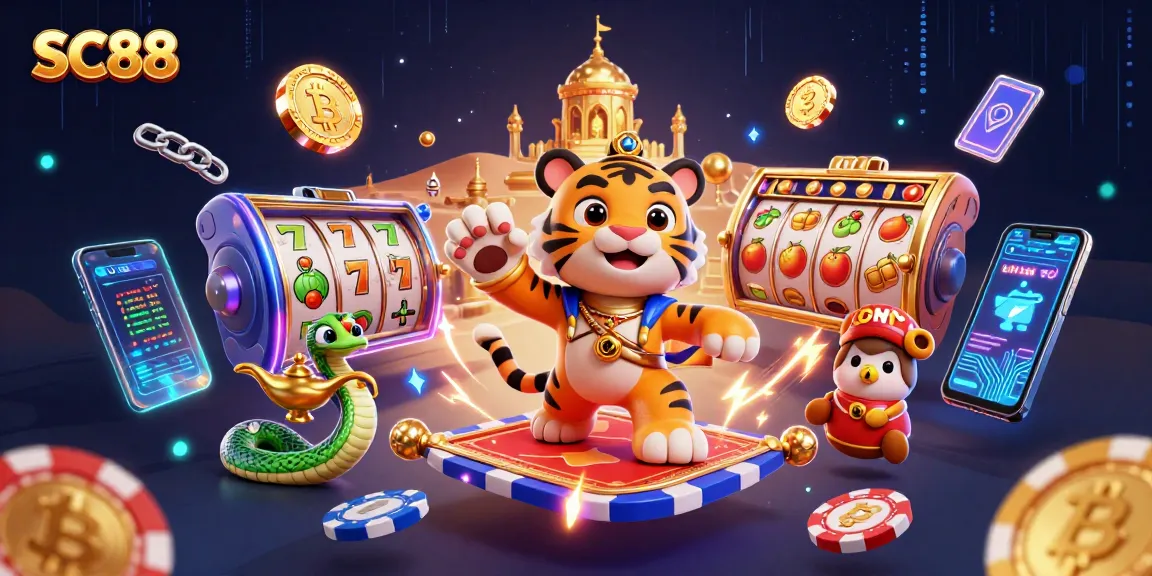 Engage with SC88's thrilling slot games featuring vibrant reels and jackpot excitement in a fantastical scene.