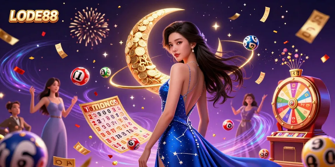 Experience LODE88's vibrant online lottery atmosphere, featuring dynamic elements and a stunning central character.