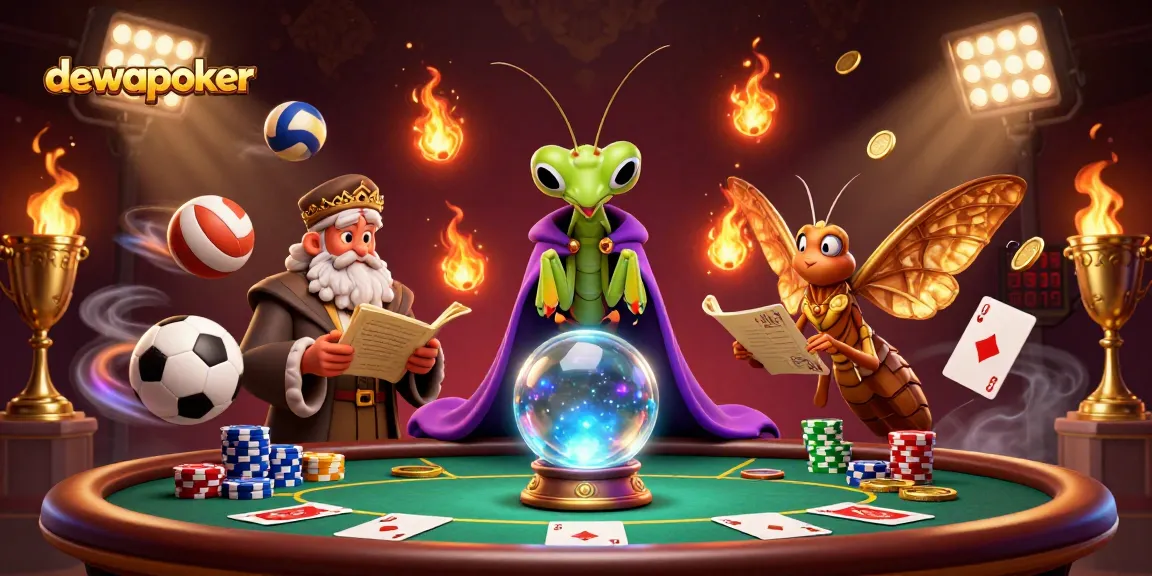 Dewapoker showcases a mystical fortune teller and a wise moth librarian amidst dynamic gambling elements, hinting at thrilling online poker action.
