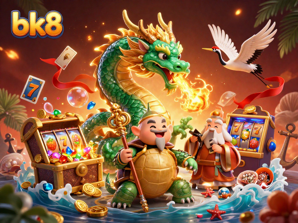 Experience thrilling gaming with bk8, featuring a jade dragon amid slot machines and casino elements.