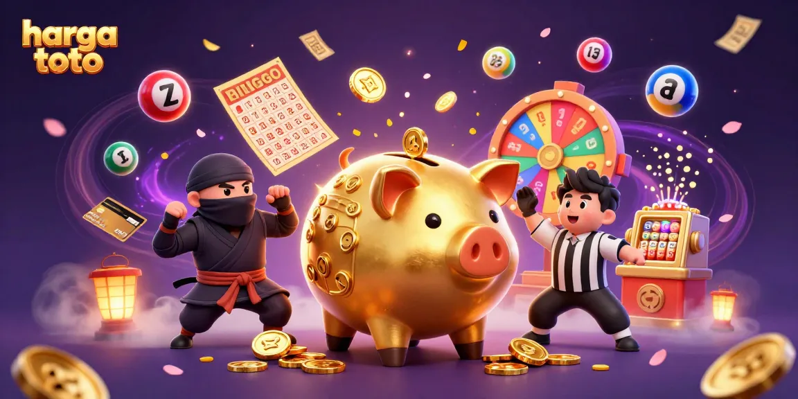 Engage with harga toto as a golden piggy bank sumo wrestler and colorful lottery elements collide.