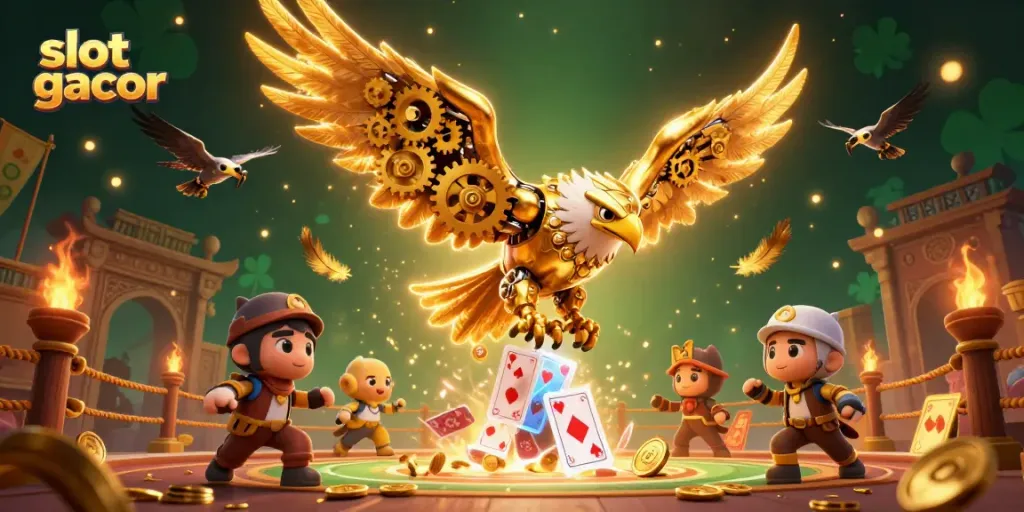 Engaging scene of slot gacor with an eagle character diving through holographic cards, surrounded by casino elements.