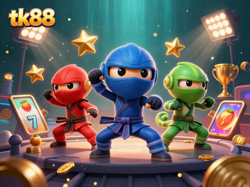 Experience the excitement of tk88 with highly stylized 3D chameleons in dynamic martial arts actions amidst vibrant casino elements.