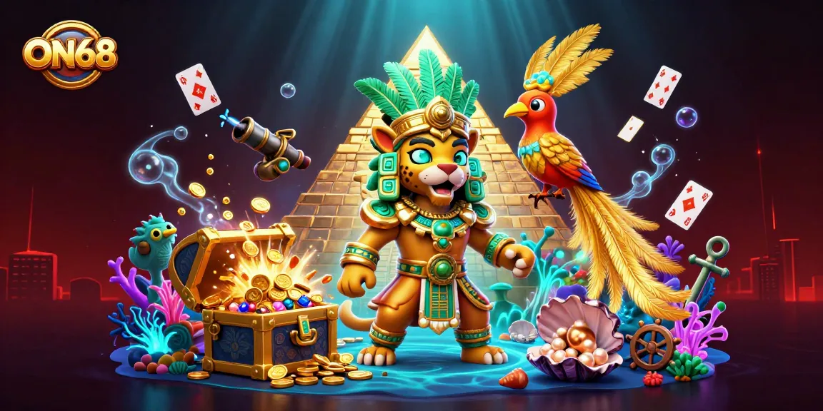 Experience thrilling wins at ON68 with vibrant 3D casino characters and treasures.