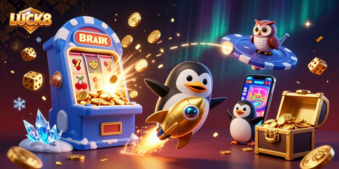 Win big with LUCK8 in this dynamic 3D casino scene featuring a golden penguin and vibrant game elements.
