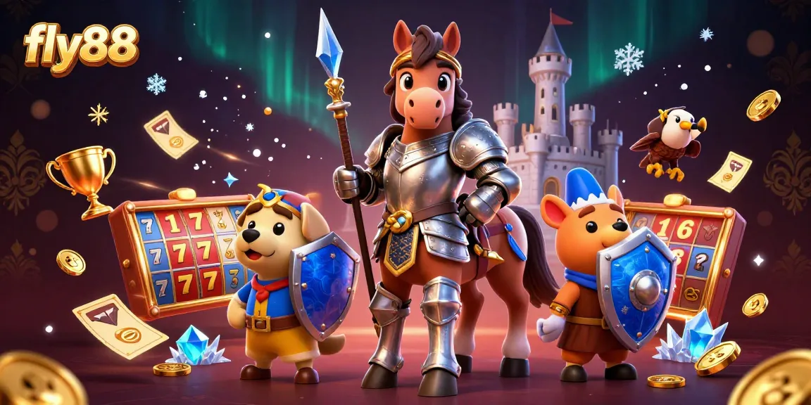 Fly88 slot games illustration showcasing a knight, puppy, and falcon amidst vibrant gaming elements.