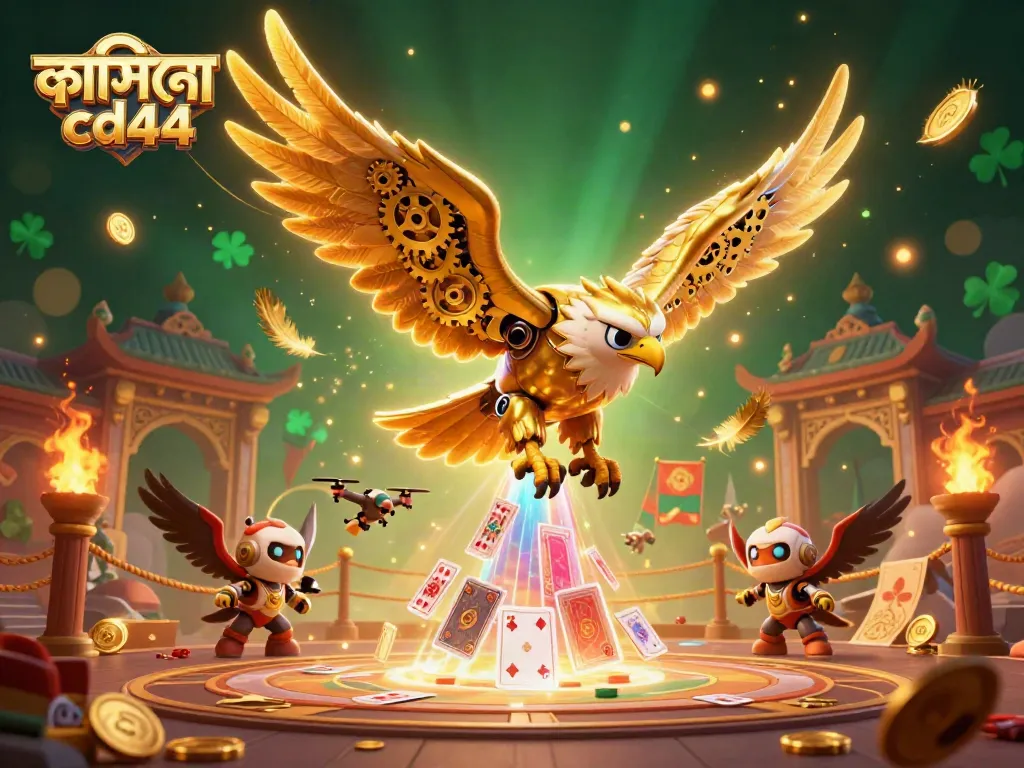 Experience the excitement of লাইভ ক্যাসিনো cd44 with a dynamic 3D illustration of casino-themed action.