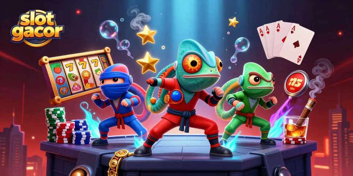 Experience thrilling action with slot gacor as ninja chameleons showcase their skills surrounded by vivid casino elements.