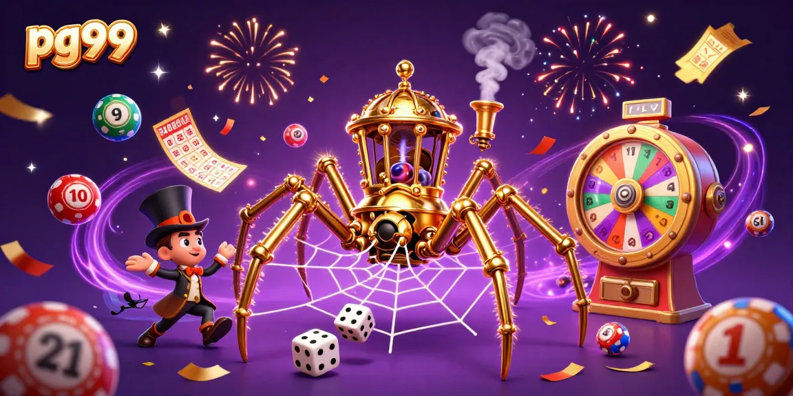 Experience winning at pg99 with a 3D scene of fun casino elements including lottery balls.