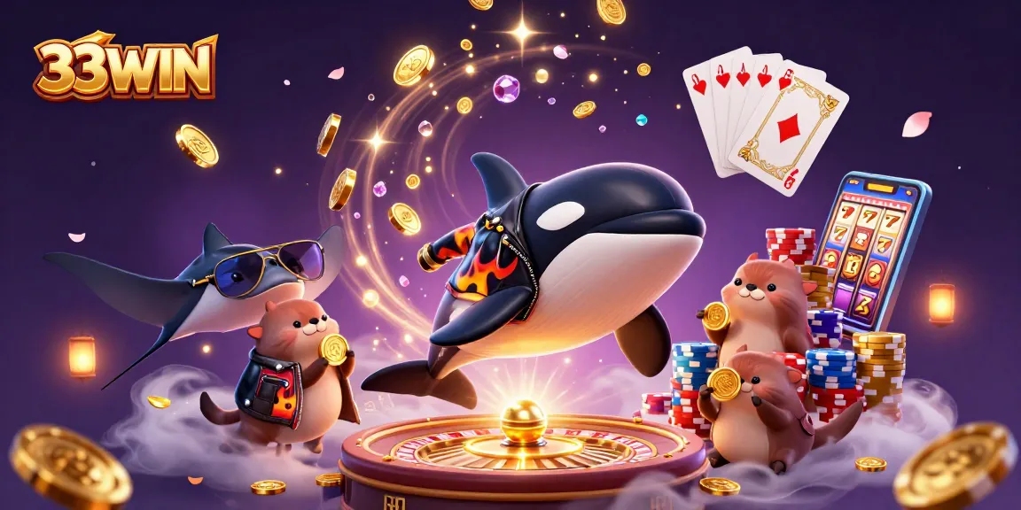 Experience the thrill of 33WIN with orca and sea otters in a vibrant casino scene.