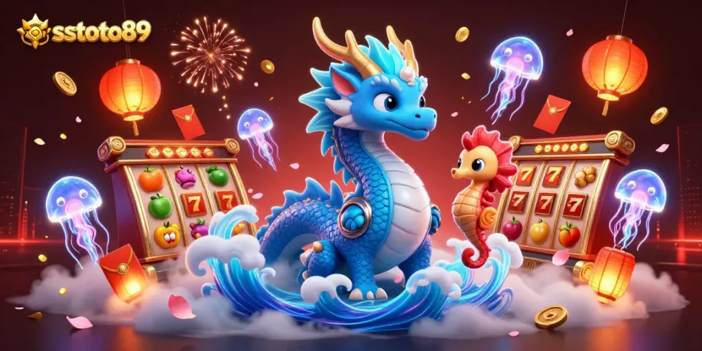 Menangkan jackpot di sstoto89 dengan naga air bercahaya dan simbol slot berkilauan.