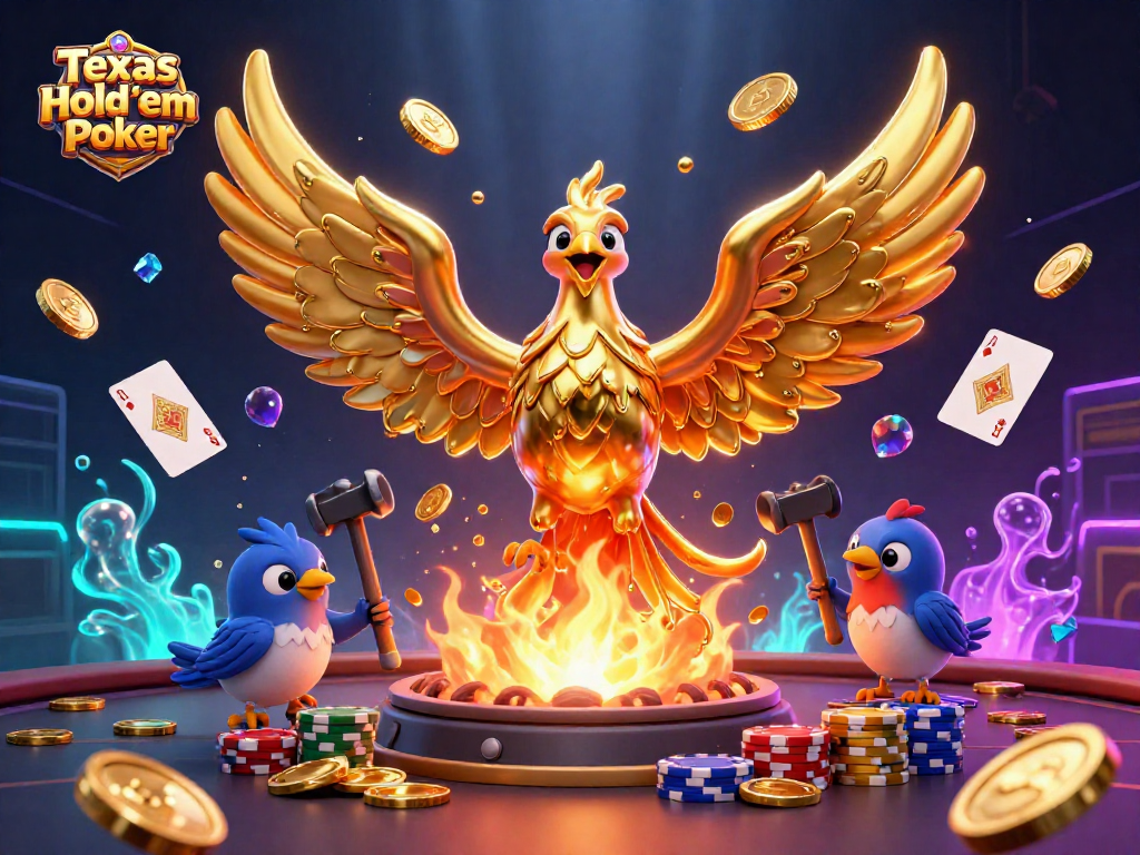 Engage in Texas Hold'em Poker with the dynamic scene of a golden phoenix and vibrant casino elements.