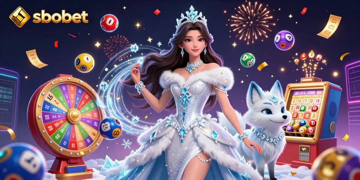 SBOBET betting scene with a glamorous woman and an arctic fox amidst colorful lottery elements and confetti.