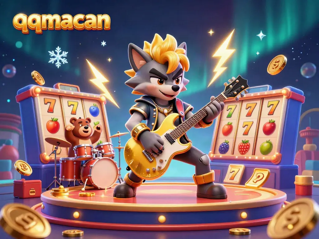Experience qqmacan's exciting jackpot action with a vibrant 3D casino scene featuring dynamic characters and game elements.