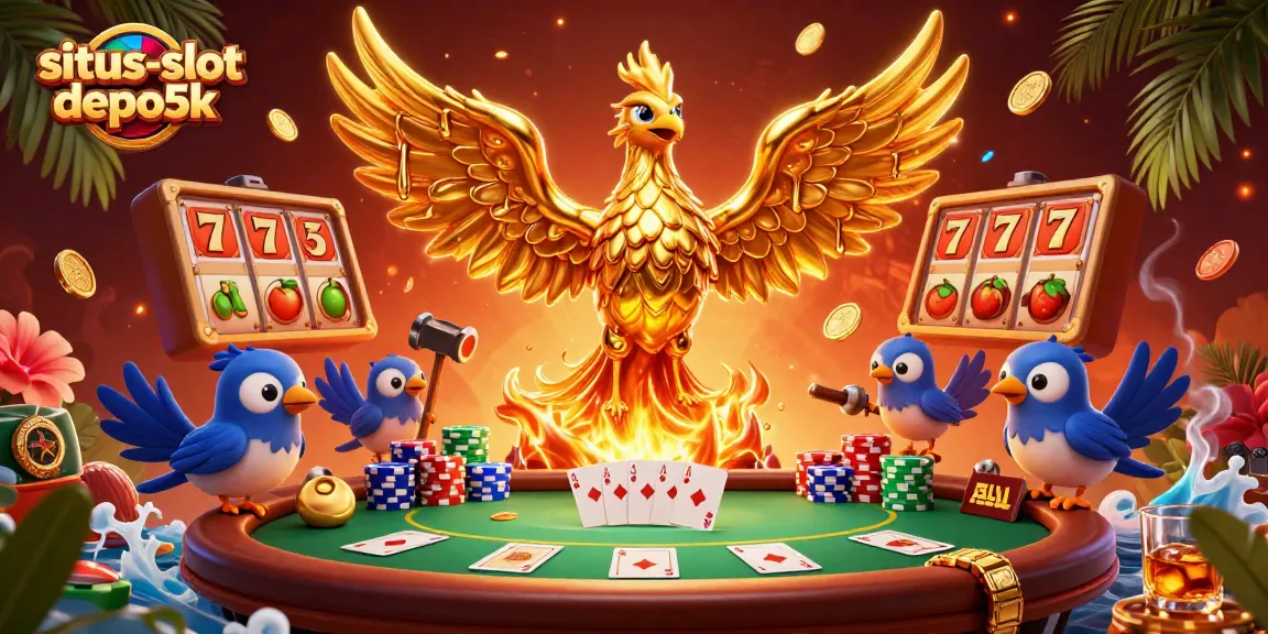Experience thrilling gameplay with situs-slot-depo5k as golden phoenix coins rain down in a dynamic casino scene.