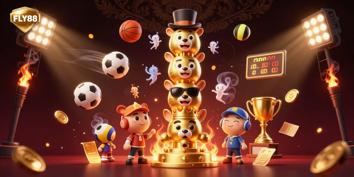 FLY88 showcases an exciting 3D digital illustration of a dynamic casino scene filled with sports elements and a golden totem pole.