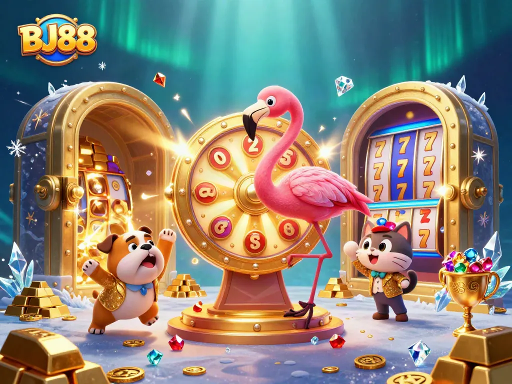 Engage with BJ88 gaming excitement through this vibrant 3D casino illustration showcasing thrilling game mechanics.