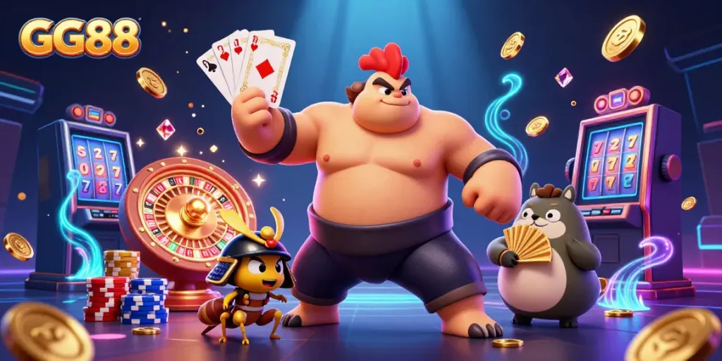 Experience the thrilling action of GG88's online casino with vibrant characters and dynamic gaming elements.