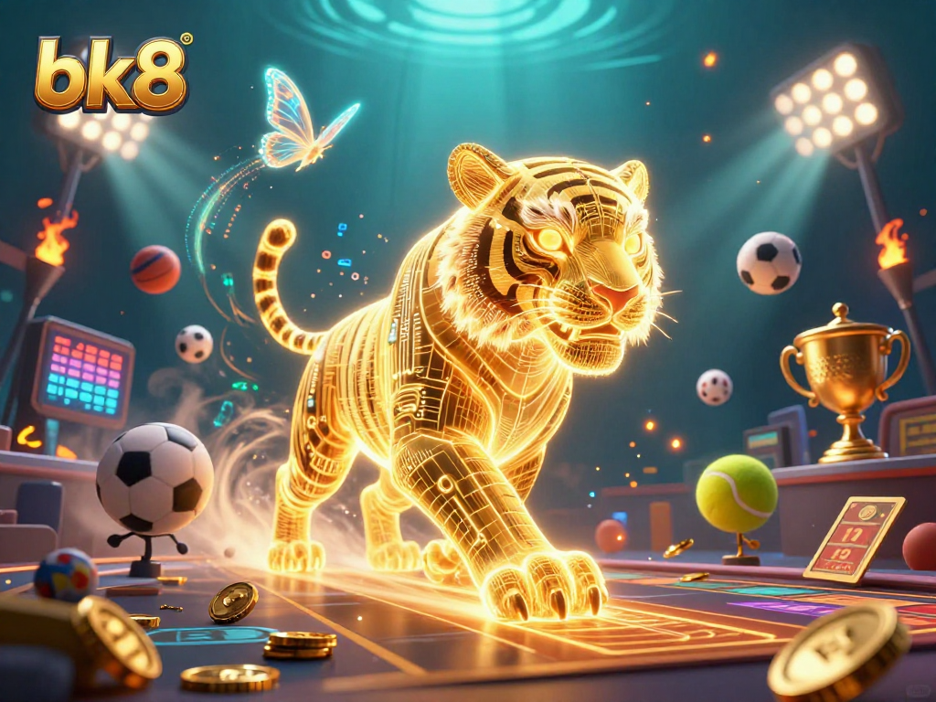 Experience high-energy gambling visuals with bk8's golden tiger in a vibrant casino setting.