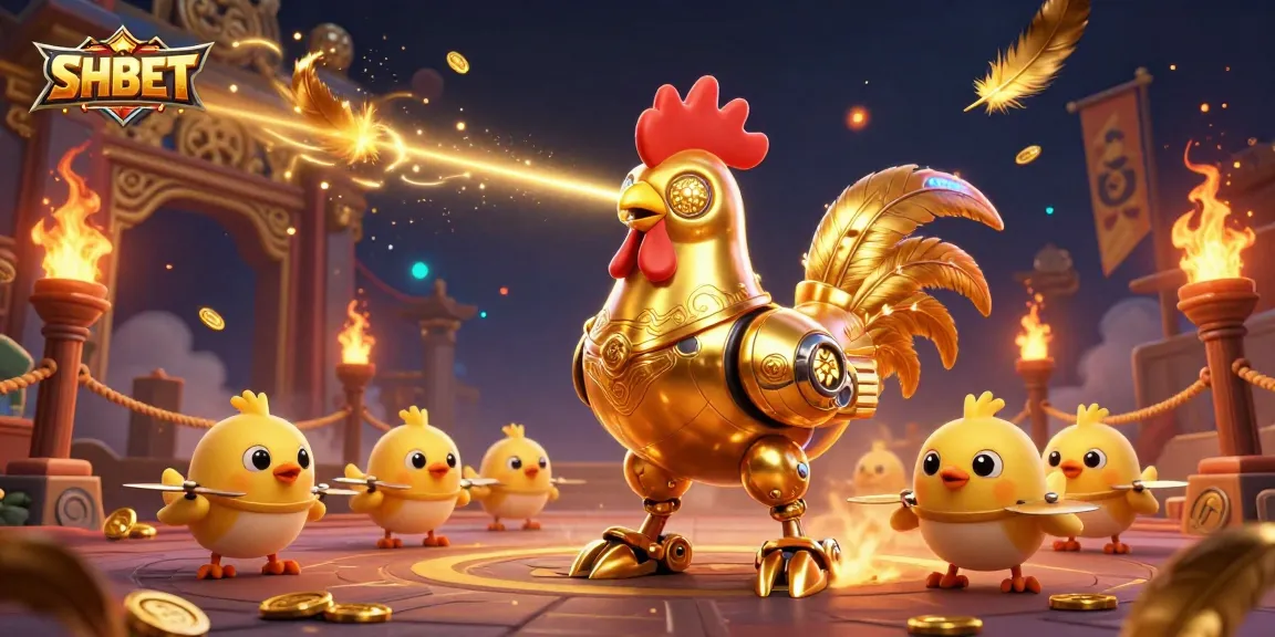 Engage in thrilling SHBET experiences with a golden rooster robot in a vibrant gambling scene.