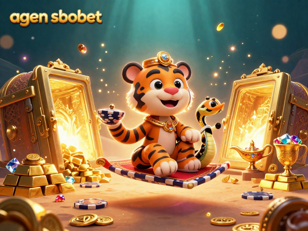 Experience thrilling bets with agen sbobet in a vibrant 3D casino scene featuring animated characters and treasures.