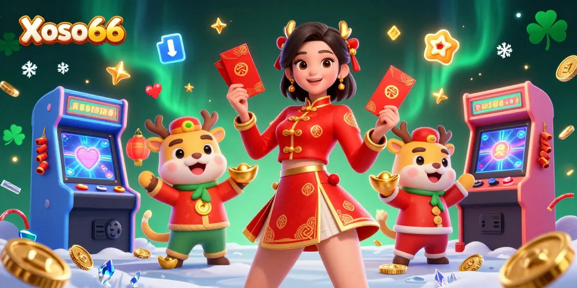 Engage in thrilling lottery experiences with Xoso66 as vibrant characters celebrate with lucky charms and festive elements.