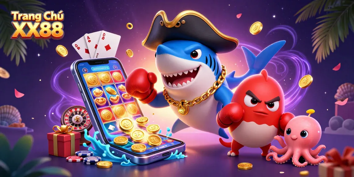 Engage with Trang Chủ XX88's vibrant online gaming scene showcasing an adventurous pirate shark and friends.