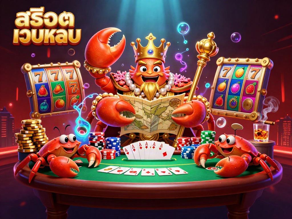 Engage with สล็อตเว็บตรง at a lively casino scene featuring a golden crab emperor and poker elements.
