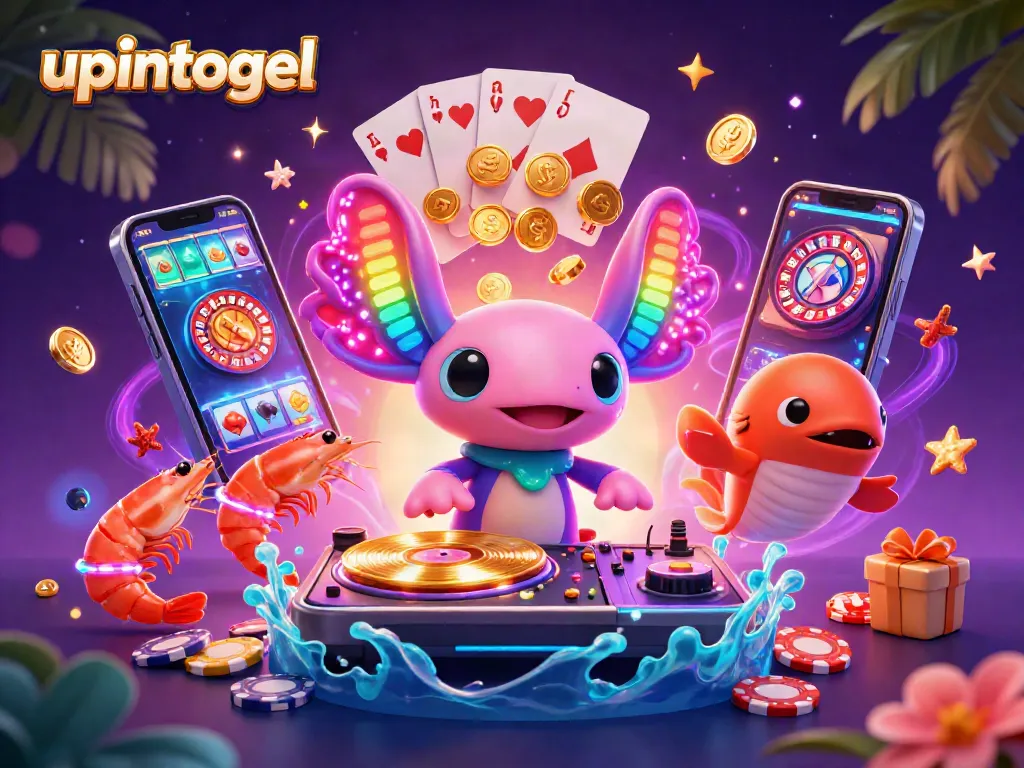Mainkan slot online di upintogel dengan ilustrasi menarik DJ axolotl dan permainan kasino lainnya.