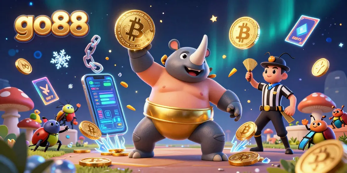 Experience winning moments at go88 with a dynamic scene showcasing a rhinoceros beetle sumo champion amidst flying coins and vibrant cryptocurrency elements.