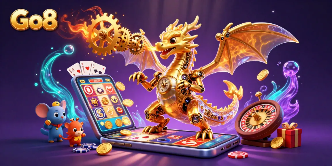 Experience thrilling gameplay at Go8 with a golden dragon amidst slot games and poker elements.