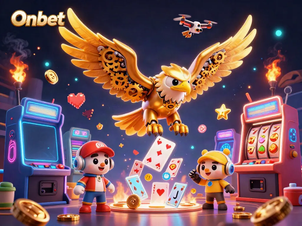 Experience Onbet with immersive gaming elements, including a golden eagle and vibrant slot machines.