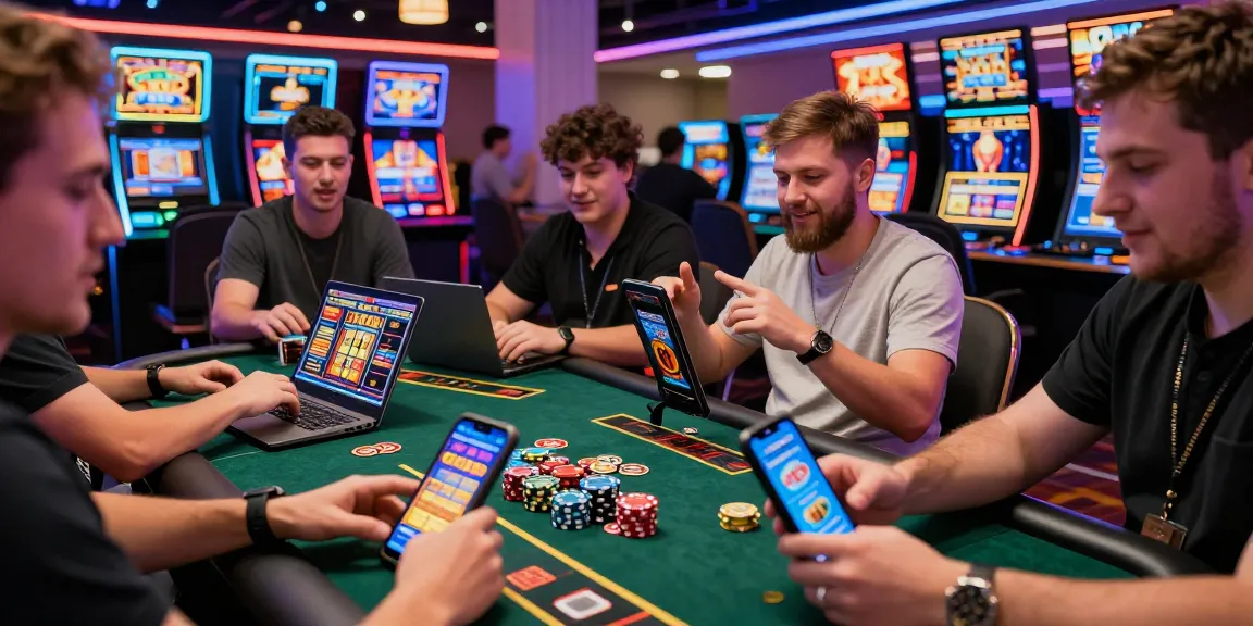 Exciting gameplay at bonus buy slots uk casinos with diverse players using laptops and smartphones in vibrant atmosphere.