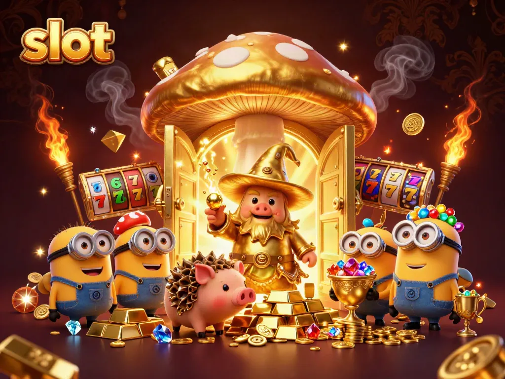 Experience thrilling slot excitement with a golden wizard and treasure in this vibrant casino scene.