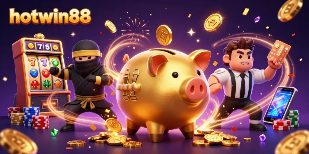 Experience the thrills with hotwin88 as golden coins and exciting game elements surround dynamic casino characters.