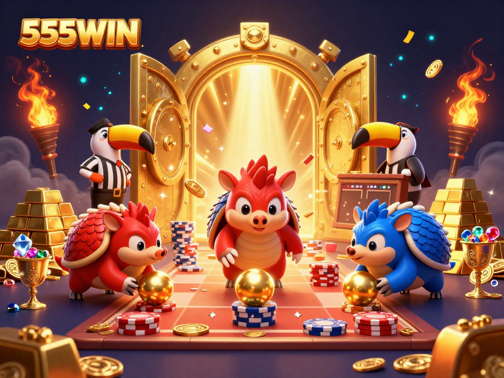 Experience the thrill of 555WIN with rival pangolins battling in a fantastic gambling scene.