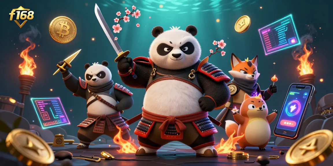 The f168 casino showcases a dynamic scene with a fierce samurai panda and a ninja fox amidst cryptocurrency elements.