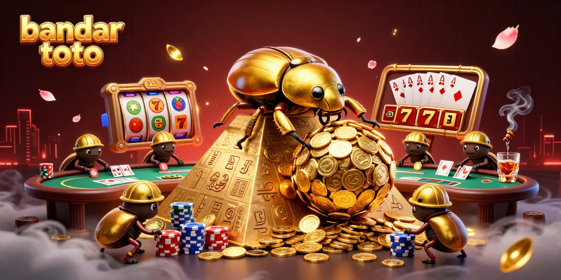 Experience excitement with bandar toto as golden beetles roll coins, vibrant casino symbols surround the action.