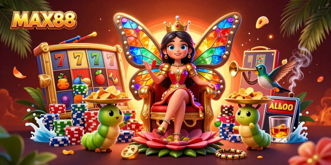 Experience MAX88 slots with a colorful casino scene featuring a butterfly queen and jackpot elements.